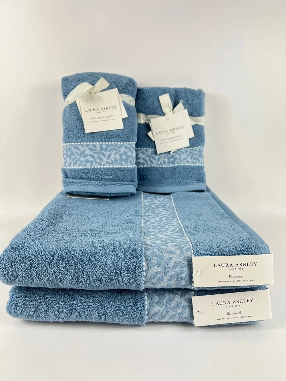 Laura Ashley Bath Towel Set MILLIE Blue with Leaf Trim 100% Cotton 6 Pc NEW